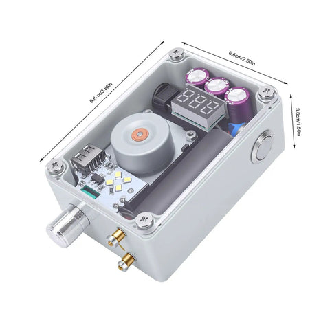 Internal view of Hand Crank Generator 5-In-1 Survival Tool showing components for USB charging, lighting, and ignition.