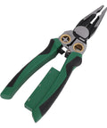 SASKATE 8 In 1 Wire Stripper Pliers With Voltage Tester Multi Functional Crimping Cutting Tool For Electrical Work High Carbon Steel, shown from above with green grip.