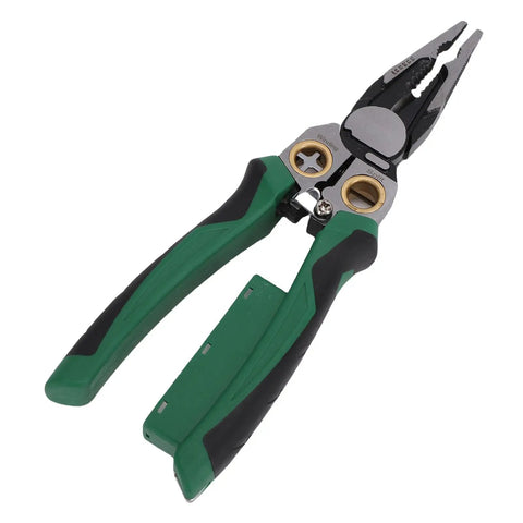 SASKATE 8 In 1 Wire Stripper Pliers With Voltage Tester Multi Functional Crimping Cutting Tool For Electrical Work High Carbon Steel, shown from above with green grip.