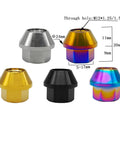 Various colored lug nuts in titanium material, including burnt blue, with M12x1.25 threading and conical seat design.