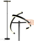 Halo Split LED Torchiere Floor Lamp with adjustable rotating light rings in jet black, shown with hand demonstrating rotation feature.