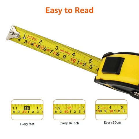 Self Locking Tape Measure 25 Ft Two Pack With Dual Inch And Metric Scales MID Accuracy Extendable Retractable Button Non Slip ABS Grip Yellow Handyman Tool For Quick Accurate Measurements shown with size markings.