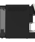 Side view of a black fully automatic espresso machine with built-in grinder and frother, showcasing sleek design for everyday use.