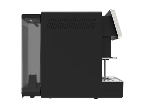 Side view of a black fully automatic espresso machine with built-in grinder and frother, showcasing sleek design for everyday use.