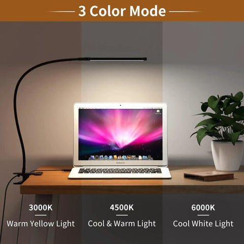 Clip On LED Book Light With Flexible Gooseneck 3 Color Modes shown over laptop, displaying warm yellow, cool & warm, and cool white lights.