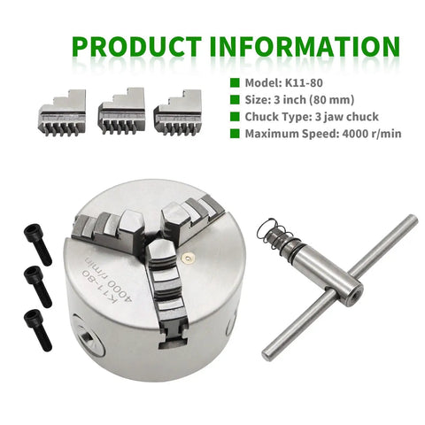 K11 80 Self Centering 3 Inch Lathe Chuck With 3 Jaw And Set Jaw 4000 Rpm displayed with accessories and specifications on white background