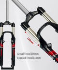 Close-up of black gray 26 Inch Mountain Bike Front Suspension Fork Ride-Ready 100mm Travel with 110mm exposed, disc brake ready.