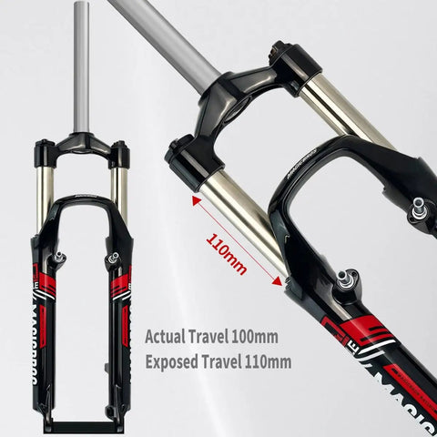 Close-up of black gray 26 Inch Mountain Bike Front Suspension Fork Ride-Ready 100mm Travel with 110mm exposed, disc brake ready.