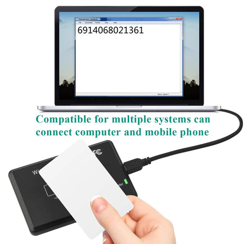 USB 125kHz RFID Card Reader Plug And Play Tap To Read For EM4100 TK4100 shown with laptop and card in hand
