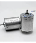 PRI 365SV 14175 Mini 28mm Dual Shaft Electric Motor with 2.4mm Knurled Shaft for DIY Robots, showing size details.