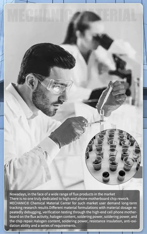 Scientist examining UV559 No-Clean Solder Flux Paste in lab, focus on no mess cleanup after use, lead-free, halogen-free for electronics repair
