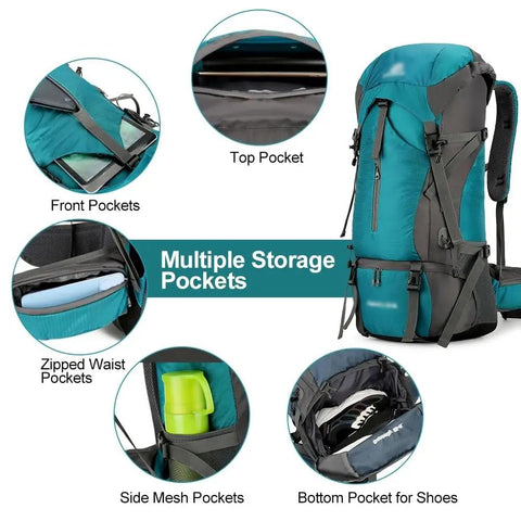 70L Hiking And Camping Backpack For Outdoor Adventures With Water Resistant Ripstop Fabric Multiple Pockets Detail