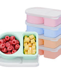 Five Pack Silicone Snack Containers With Two Compartments And Lids 8 Oz Capacity Rainbow Set featuring packed raspberries and cheese cubes