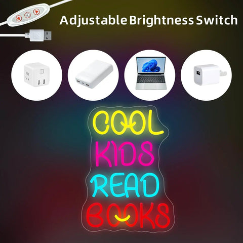 Massive Neon Wall Sign For Home Decor LED Neon Light With Dimmable Brightness In Warm White, saying 'Cool Kids Read Books' with USB adaptor