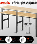 Heavy Duty 84 Inch Workbench With Rubber Wood Top And Steel Frame Supports Up To 5000 Lbs Adjustable Height Built In Pegboard And Power Outlet Ideal For Garage Workshop Studio Or Home Office showing adjustable height feature.