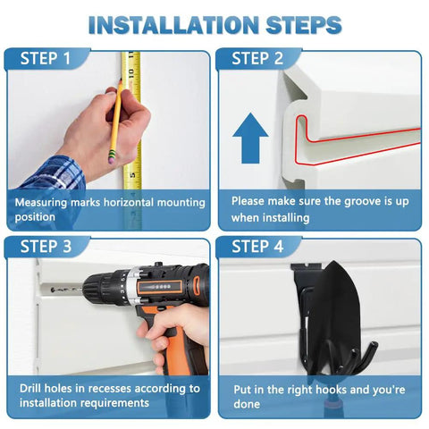 Installation steps for Durable PVC Slatwall Panel Set For Garage And Workshop, showing measurement, alignment, drilling, and hook placement.