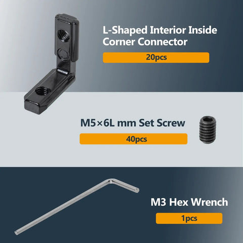 Bad Boy L Shape Inside Corner Brackets For T Slot And V Slot Aluminum Extrusion With Zinc Alloy Kit Includes Heavy Duty Screws Fits Cnc Machines 3D Printer Frames Straight Up Perfect Fit components including brackets, set screws, and hex wrench.