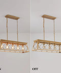 Five Light Gold Modern Farmhouse Chandelier for Kitchen Island, off-on view in dining room setup, UL Listed, rectangular light fixture.