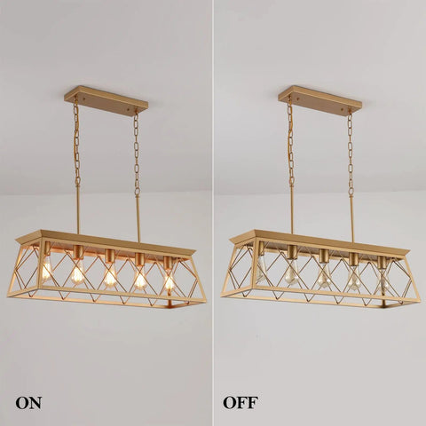 Five Light Gold Modern Farmhouse Chandelier for Kitchen Island, off-on view in dining room setup, UL Listed, rectangular light fixture.