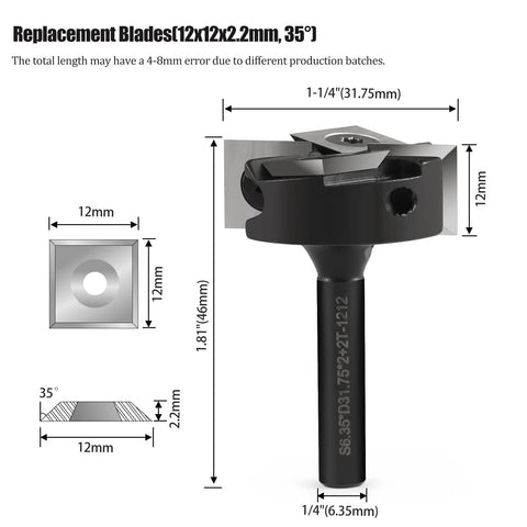 CNC Spoilboard Surfacing Router Bit With One Quarter Inch Shank And One And A Quarter Inch Cutting Diameter Two Plus Two T Wing Inserts Carbide Milling Cutter For Woodworking Slab Flattening And Planing For DIY Enthusiasts And Pros, showing dimensions and components
