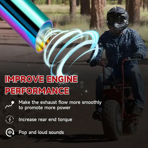 Exhaust Pipe Kit For Predator 212cc And 196cc OHV Clones with colorful finish on mini bike, text about performance benefits visible