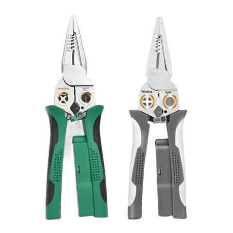 8 In 1 Electric Wire Stripper With Measurement Tool Green Cable Cutter Plier showing pliers with ergonomic handles for electrical work.