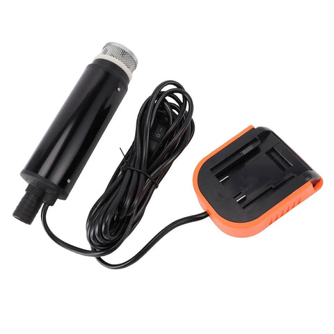 Heavy Duty No Hassle Battery Powered Portable Sump Pump with black pump body and orange battery charger for easy drainage.