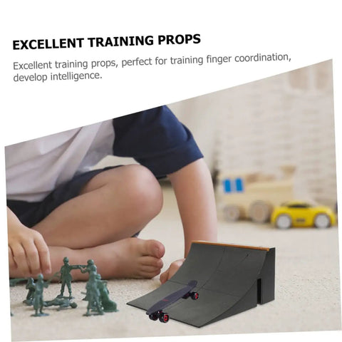 Child playing with Fingerboard Skateboard Ramp Set Two Piece Mini Skatepark Obstacle Accessories For Kids Fingerboard Training Park Durable Plastic Ramps 5.5 By 5.1 By 4.5 Inches.
