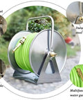 No Sweat Stainless Steel Garden Hose Reel Wall Or Floor Mounted Outdoor Hose Organizer With Smooth Operator Roll Cart For Large Backyard Patio And Long Weekends, featuring green hose and brass attachments.