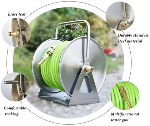 No Sweat Stainless Steel Garden Hose Reel Wall Or Floor Mounted Outdoor Hose Organizer With Smooth Operator Roll Cart For Large Backyard Patio And Long Weekends, featuring green hose and brass attachments.