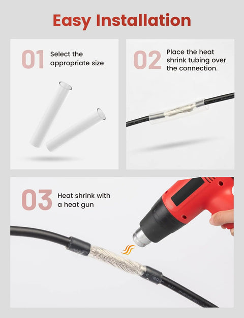 Crystal Clear Heat Shrink Tubing Kit 3 To 1 260 Pieces Waterproof Marine Grade Wire Wrap being applied with heat gun