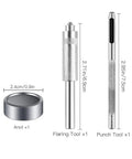 Detailed view of tools from the Leather Snap Fastener Kit Five Eighths Inch Bronze Tone Stainless Snaps For DIYers Bags, Clothes, Fabric, Jeans Includes 50 Sets With Covers, Washers, Sockets, Studs And Easy Install Tools including anvil, flaring tool, and punch tool with dimensions.