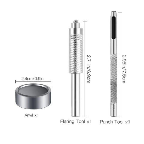 Detailed view of tools from the Leather Snap Fastener Kit Five Eighths Inch Bronze Tone Stainless Snaps For DIYers Bags, Clothes, Fabric, Jeans Includes 50 Sets With Covers, Washers, Sockets, Studs And Easy Install Tools including anvil, flaring tool, and punch tool with dimensions.