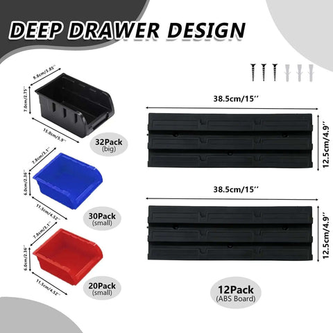 Wall Mounted Garage Storage Bin Kit 94 Piece Organization System With 32 Large Black Bins 30 Small Blue Bins 20 Small Red Bins 12 ABS Boards