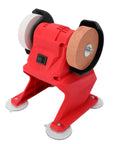 No Nonsense Cordless Bench Grinder Packing 5500 RPM And 70mm Dual Wheels, compact red tool with two grinding wheels.