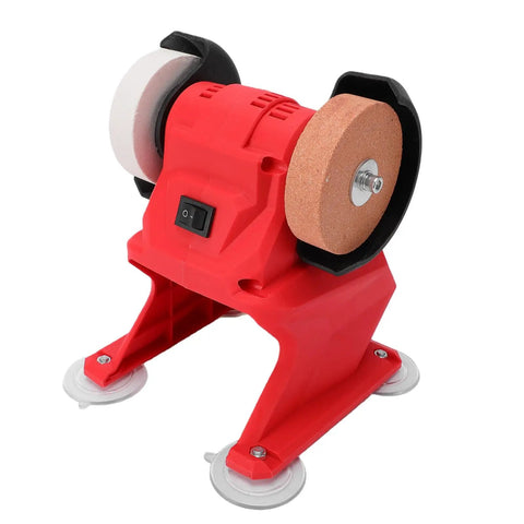 No Nonsense Cordless Bench Grinder Packing 5500 RPM And 70mm Dual Wheels, compact red tool with two grinding wheels.