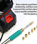 Heat Set Insert Tool Kit For Soldering Irons M2 To M8 Brass Nut Inserts shown with HS02A soldering iron and brass inserts