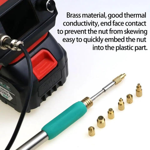 Heat Set Insert Tool Kit For Soldering Irons M2 To M8 Brass Nut Inserts shown with HS02A soldering iron and brass inserts