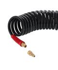 Lightweight Polyurethane Recoil Air Hose 3/8 Inch Lite 5/16 Inch By 25 Feet With 1/4 Inch MNPT Ends coiled showing connector