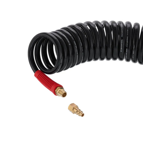 Lightweight Polyurethane Recoil Air Hose 3/8 Inch Lite 5/16 Inch By 25 Feet With 1/4 Inch MNPT Ends coiled showing connector