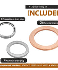12 Pack Transfer And Differential Case Drain Plug Crush Washer Gasket Kit For Toyota And Lexus Trucks And SUVs showing 6 steel, 4 aluminum, 2 copper gaskets.