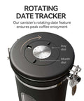 Airtight Stainless Steel Coffee Canister With Window 22 Oz featuring a rotating date tracker lid for freshness.