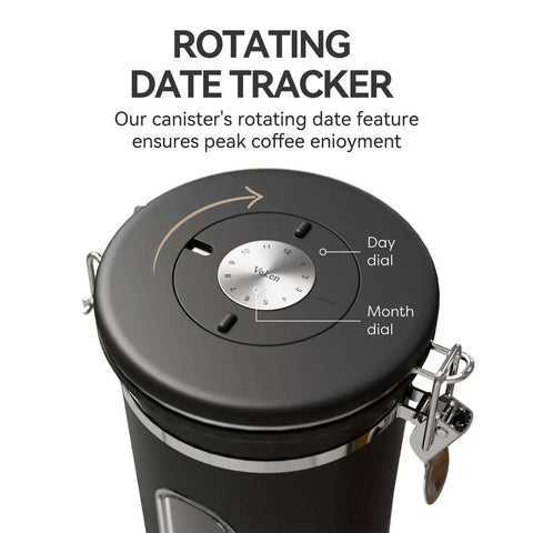 Airtight Stainless Steel Coffee Canister With Window 22 Oz featuring a rotating date tracker lid for freshness.