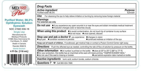 MediFirst Plus eyewash bottle, purified water ophthalmic solution 98.3%, 4 fl oz (118 mL)