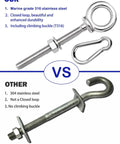 Comparison between marine grade 316 stainless steel eyebolt with carabiner and 304 stainless steel open hook bolt.