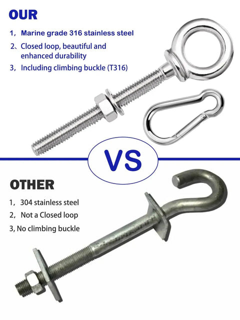 Comparison between marine grade 316 stainless steel eyebolt with carabiner and 304 stainless steel open hook bolt.