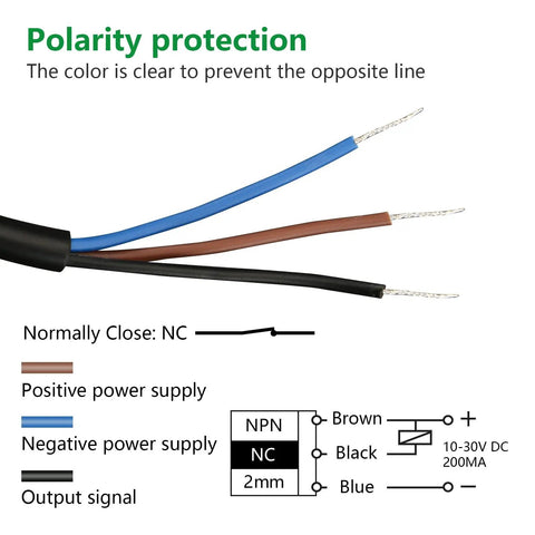 Detail view of wires for Inductive Proximity Sensor Switch M8 For 3D Printer And CNC, NPN NC, DC 10 To 30V, 2mm Detection.