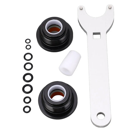 Real Deal Front Mount Hydraulic Steering Cylinder Seal Kit Replacement HS5157 For HC5340 To HC5358 Plus HC5365 Compatible With Shaft Wrench Tool close-up with seals and wrench