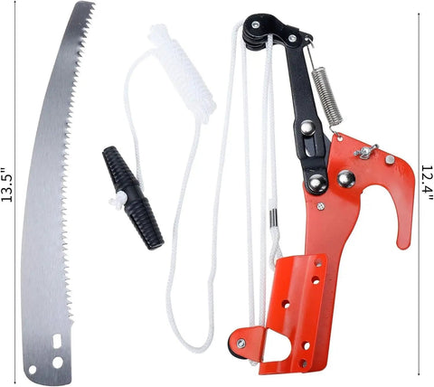 Extendable Tree Pruner Saw Head No Pole Needed For Easy High Altitude Trimming Harvester Clipper For Plants Vines And Shrubs 1.2 Inch Cut Capacity 13.5 Inch SK5 High Carbon Steel Blade with accessories, close-up view.