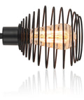 Close-up of black metal cage lampshade with bulb on Plug In Wall Sconces Set Of Two Farmhouse Style Wall Mounted Lights with Wood Beam.
